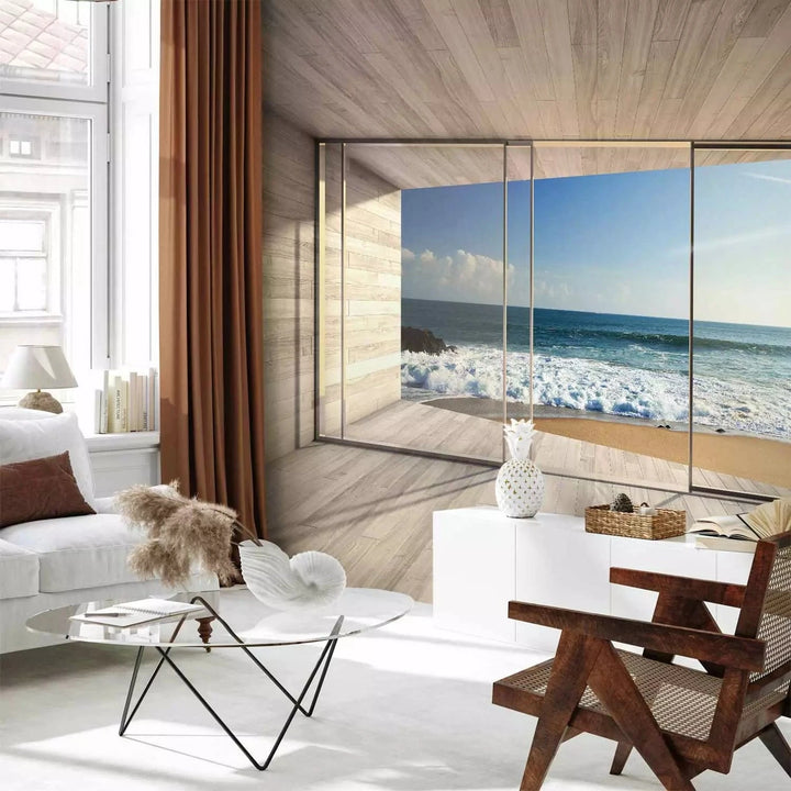 3D fototapetes ar koka imitāciju un skatu uz jūru - Sapņu meklējumos, 62340 Tapetenshop.lv