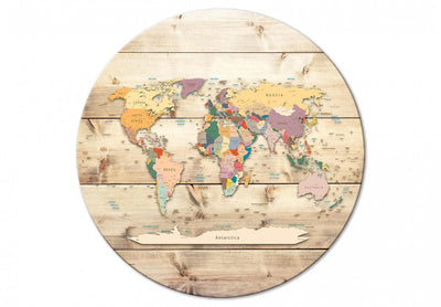 Apaļa kanva (Deluxe) - Pasaules karte - krāsaini kontinenti uz koka dēļiem, 148727 G-ART