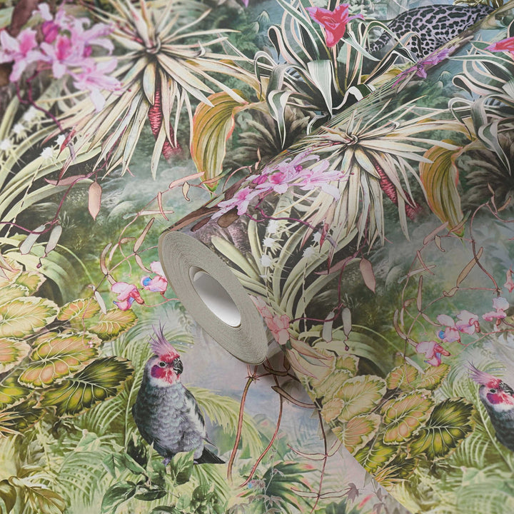 Džungļu tapetes ar papagaiļiem un leopardiem - zaļā, pelēkā - 1351541 AS Creation