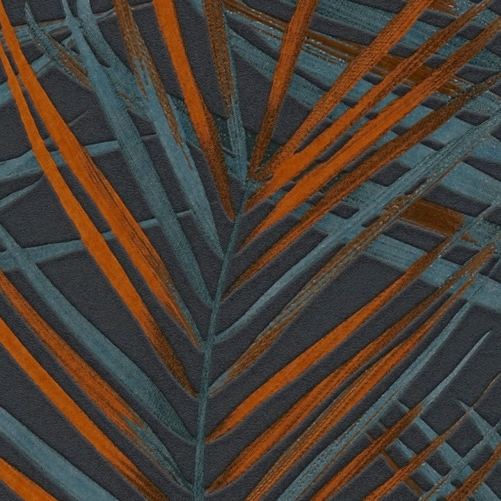 Flizelīna tapetes ar lielām palmu lapām: melna, oranža, zila - 390386 AS Creation