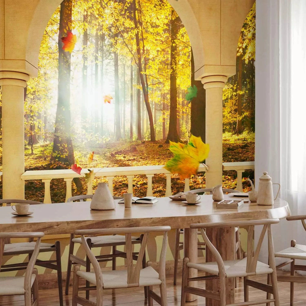 Fototapetes - Ainava no loga ar rudens kokiem un krītošām lapām G-ART