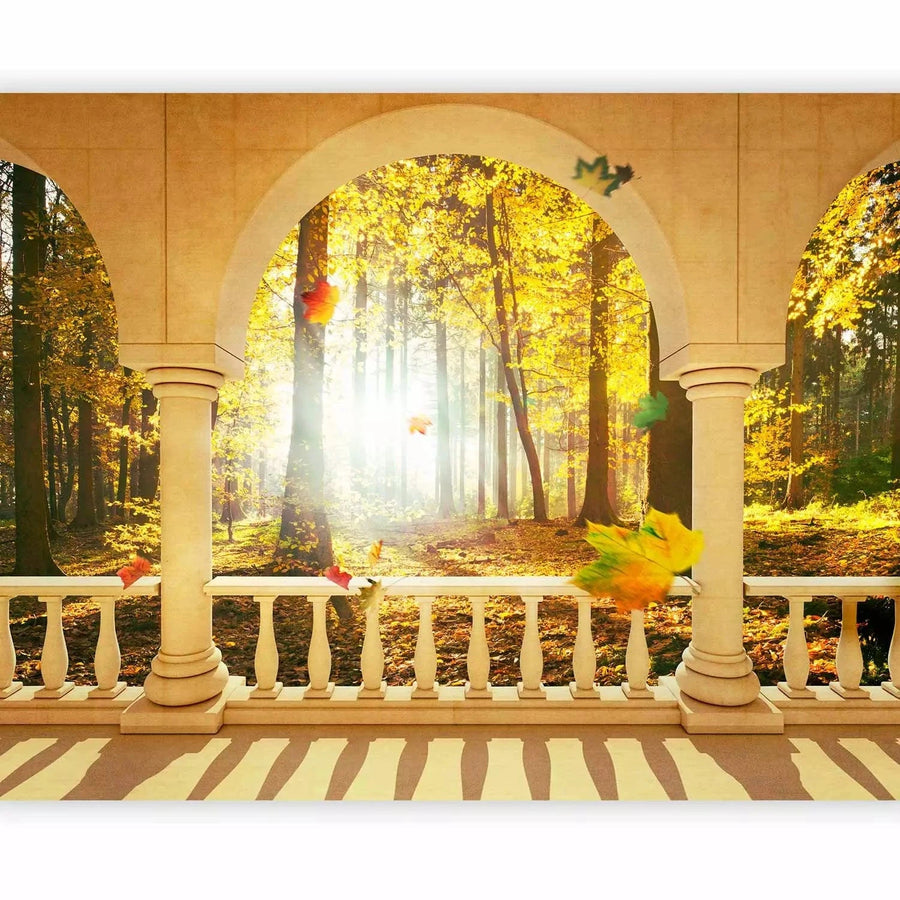 Fototapetes - Ainava no loga ar rudens kokiem un krītošām lapām G-ART