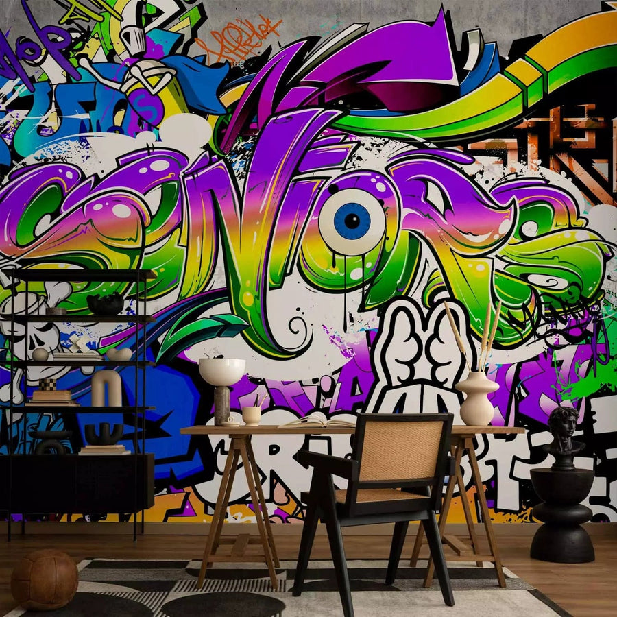 Fototapetes pusaudzim  ar grafiti un uzrakstiem zilos toņos, 64602  G-ART