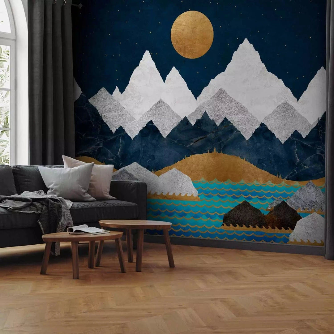 Fototapetes ar nakts ainavu un kalniem - Nakts kalnos - tumši zilā G-ART