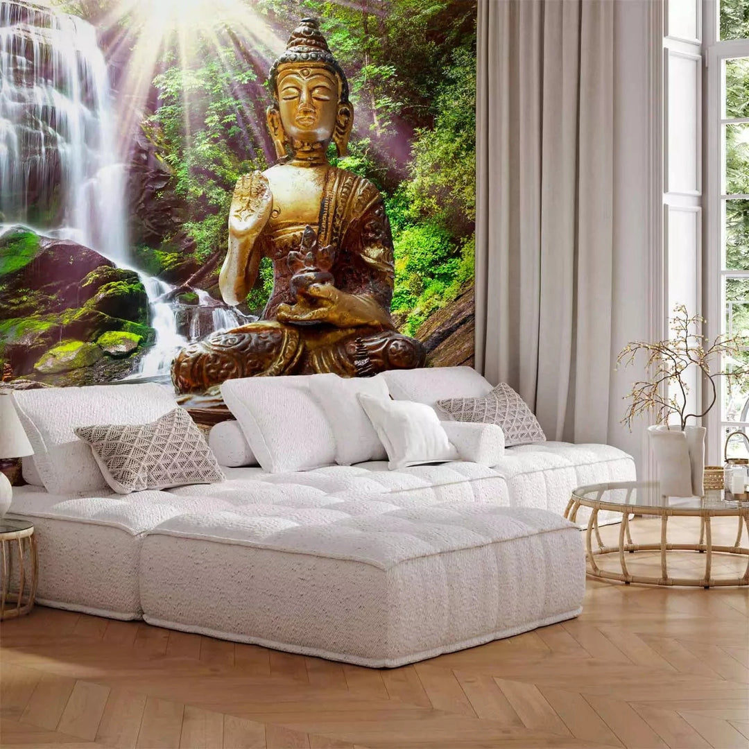 Fototapetes - Budas skulptūra uz ūdenskrituma fona, zaļā krāsā G-ART