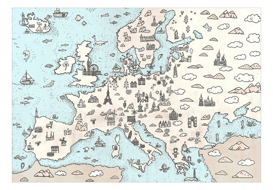 Fototapetes - Eiropas karte bērniem, vietas un tūrisma objekti 🌍 G-ART