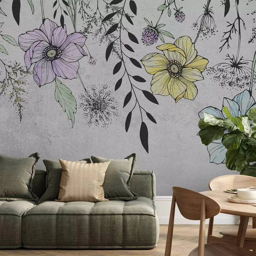 Fototapetes - Grafiskā pļava – ziedu motīvs lineart stilā uz pelēka fona G-ART