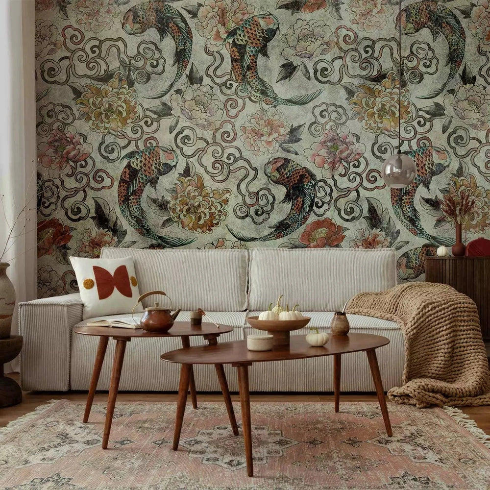 Fototapetes - japāņu motīvs ar zivīm un ornamentiempelēkos toņos G-ART