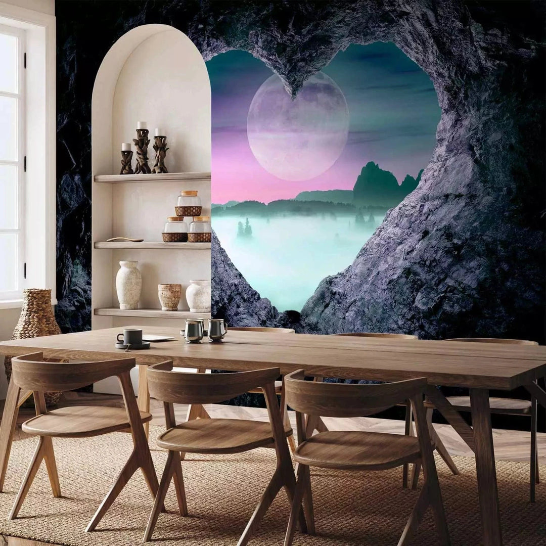 Fototapetes - kalnu ainava ar pilnu mēnesi un sirds motīvu G-ART