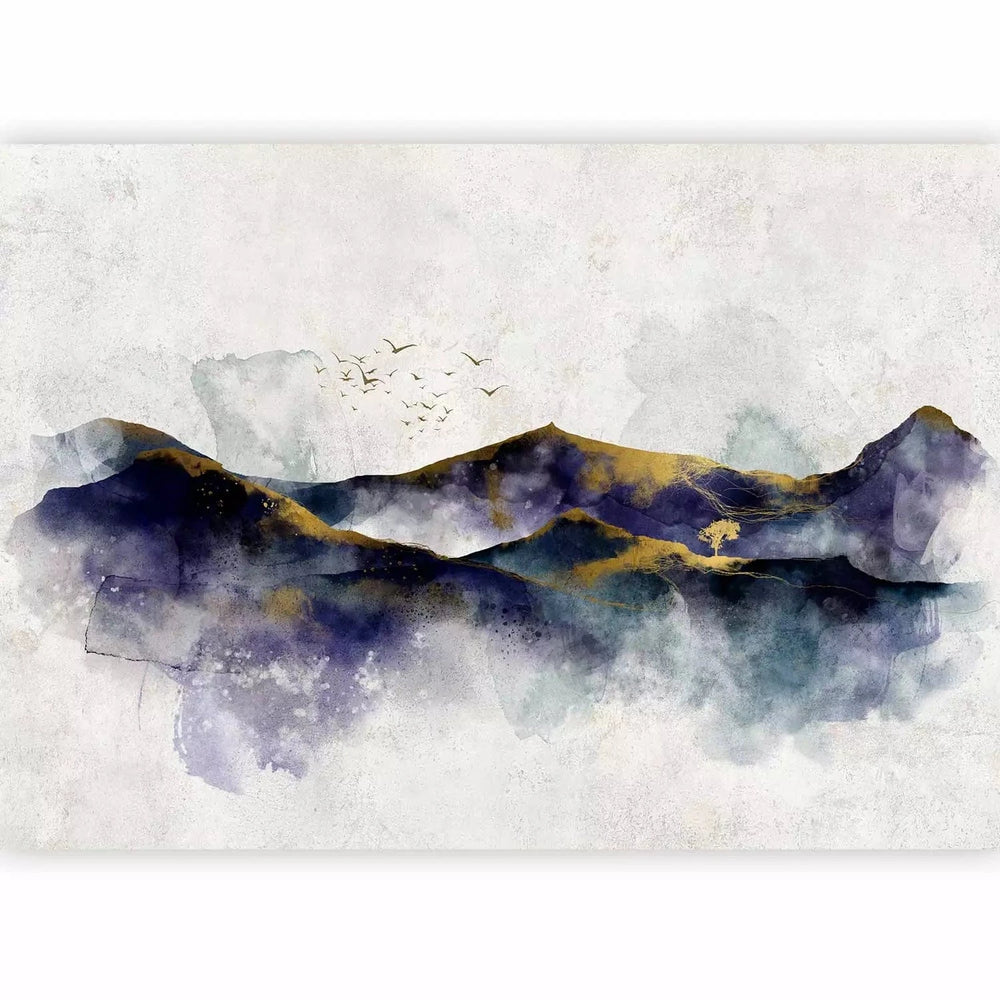 Fototapetes - kalnu ainava mākoņos ar zelta rakstu un putniem - 136032 G-ART