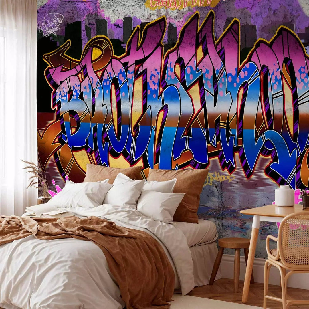 Fototapetes ar grafiti uzrakstiem uz sienas violetā krāsā, 64252  G-ART