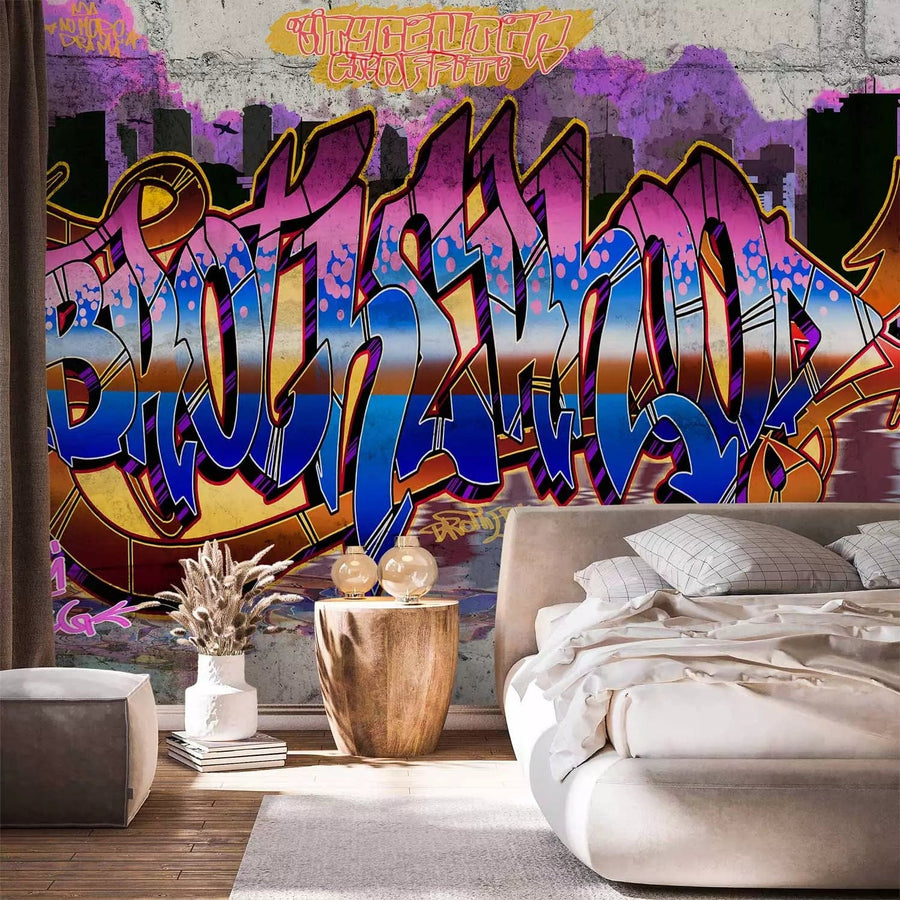 Fototapetes ar grafiti uzrakstiem uz sienas violetā krāsā, 64252  G-ART