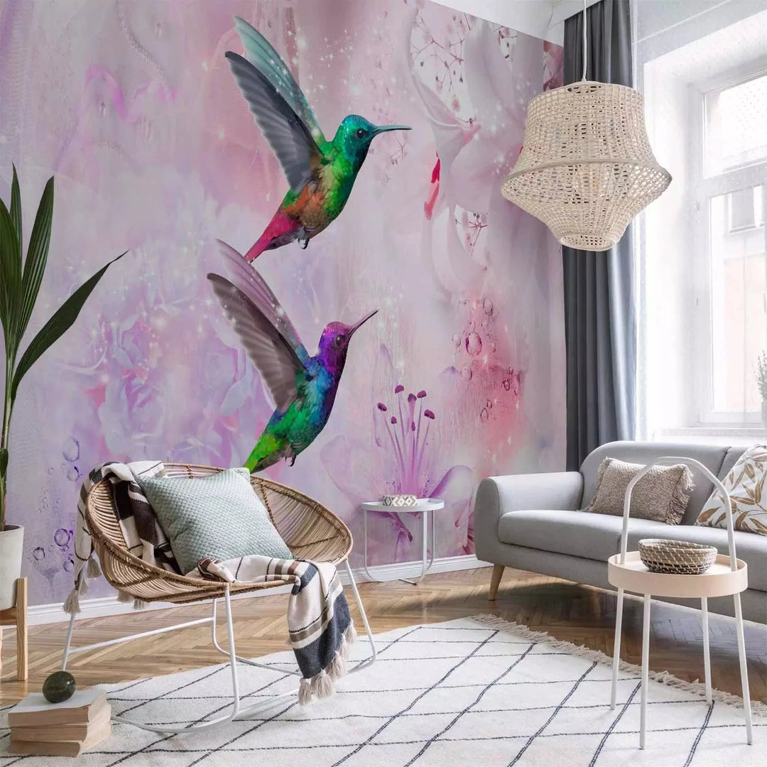 Fototapetes -  Krāsaini kolibri  - rozā kompozīcija ar lilijām G-ART