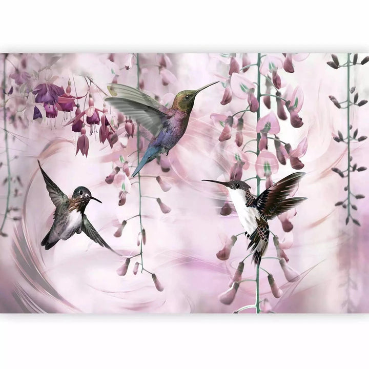 Fototapetes - Lidojoši kolibri starp ziediem rozā toņos, matētas G-ART