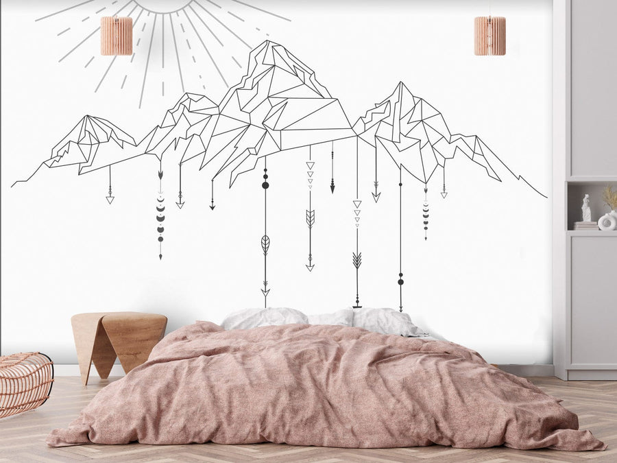 Melnbaltas fototapetes - Minimālistisks kalnu attēlojums boho stilā G-ART