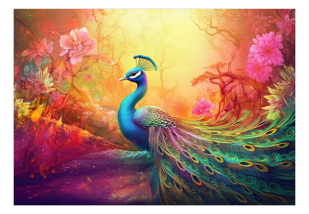 Fototapetes ar putniem - Pāvs uz daudzkrāsaina ziedu fona G-ART