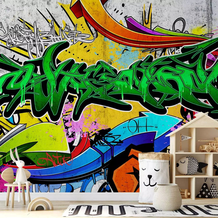 Zaļas fototapetes ar grafiti uzrakstiem uz sienas - Pilsētas grafiti G-ART
