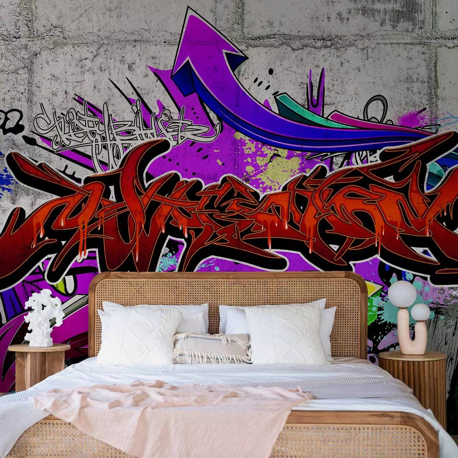Violetas fototapetes ar grafiti uzrakstiem uz sienas, 62457  G-ART