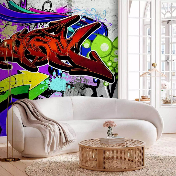 Violetas fototapetes ar grafiti uzrakstiem uz sienas, 62457  G-ART