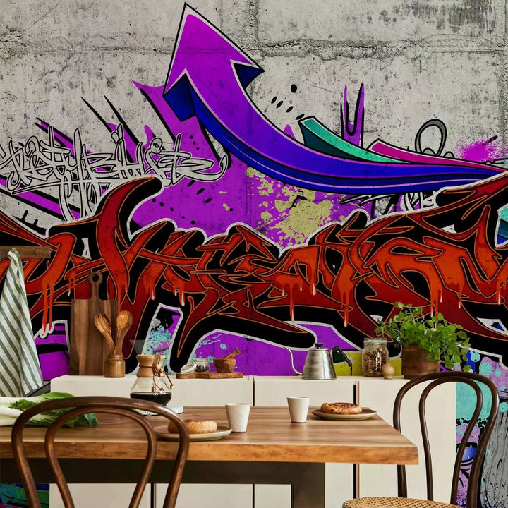 Violetas fototapetes ar grafiti uzrakstiem uz sienas, 62457  G-ART