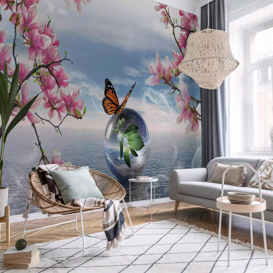 Fototapetes - tauriņš uz bumbiņas uz jūras un magnolijas fona, 61301 G-ART