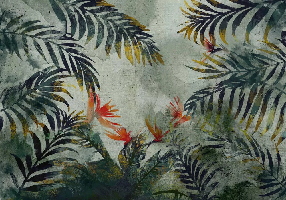 Fototapetes topiskā stilā - Džungļu ziedi - interjers zaļos toņos G-ART