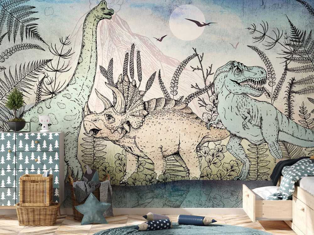 Fototapetes ar dinozauriem - Trikeratops, tiranozaurs un diplodokss G-ART