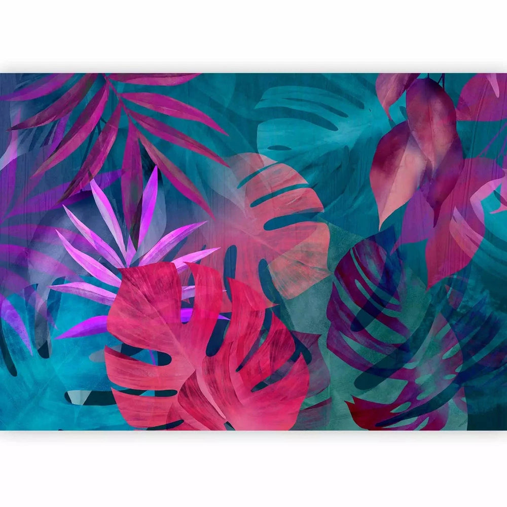 Fototapetes ar kompozīciju no tropu lapām, violeta un zila krāsa G-ART