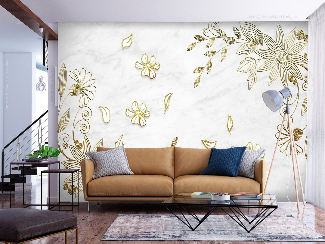 Fototapetes - Zelta ziedu ornaments uz alabastra fona - 138288 G-ART