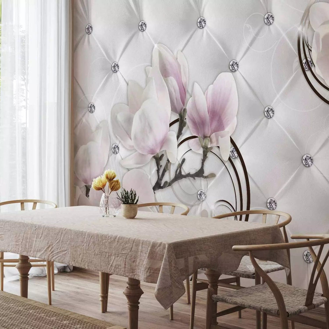 Fototapetes - rozā magnolijas un dārgakmeņi uz ādas virsmas, 64394  G-ART