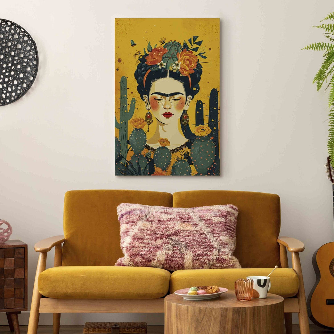 Frida ar kaktusiem - mākslinieces portrets uz oranža fona, 152211, liels izmērs G-ART