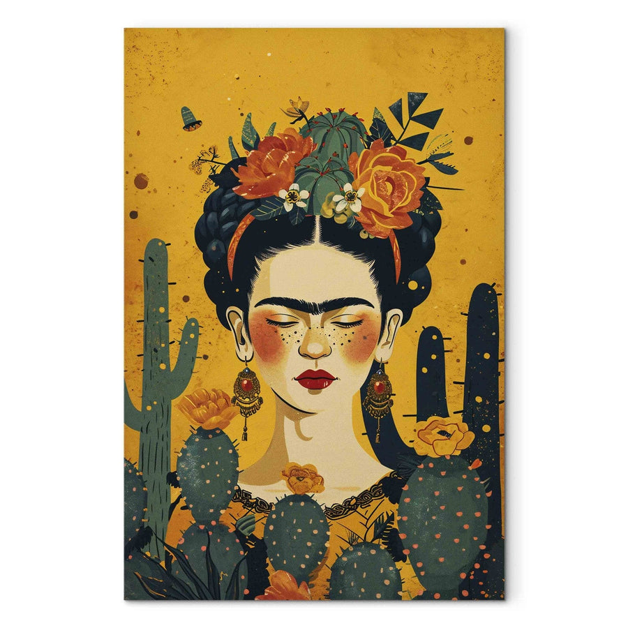 Frida ar kaktusiem - mākslinieces portrets uz oranža fona, 152211, liels izmērs G-ART