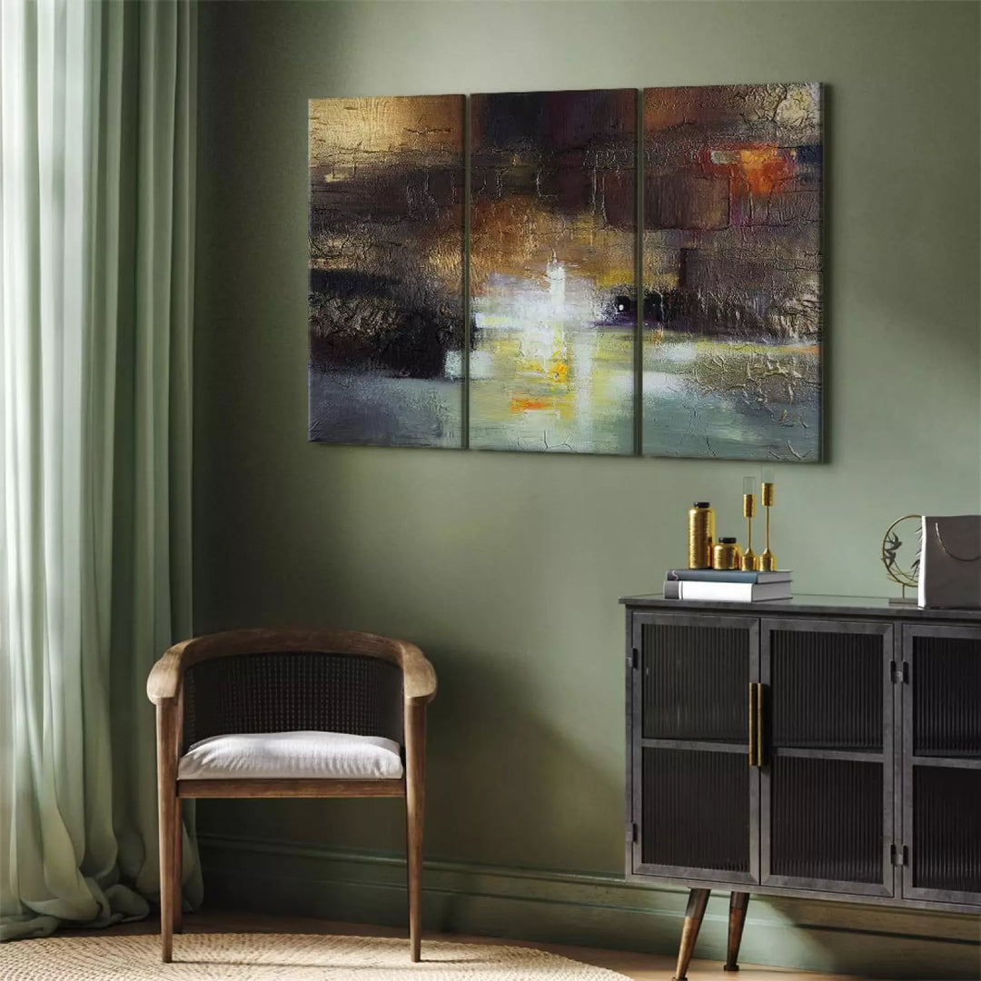 Kanva ar abstrakta rakstu ar pamatu zeltā krāsā - Greznuma elpa, (x 3) ART XL