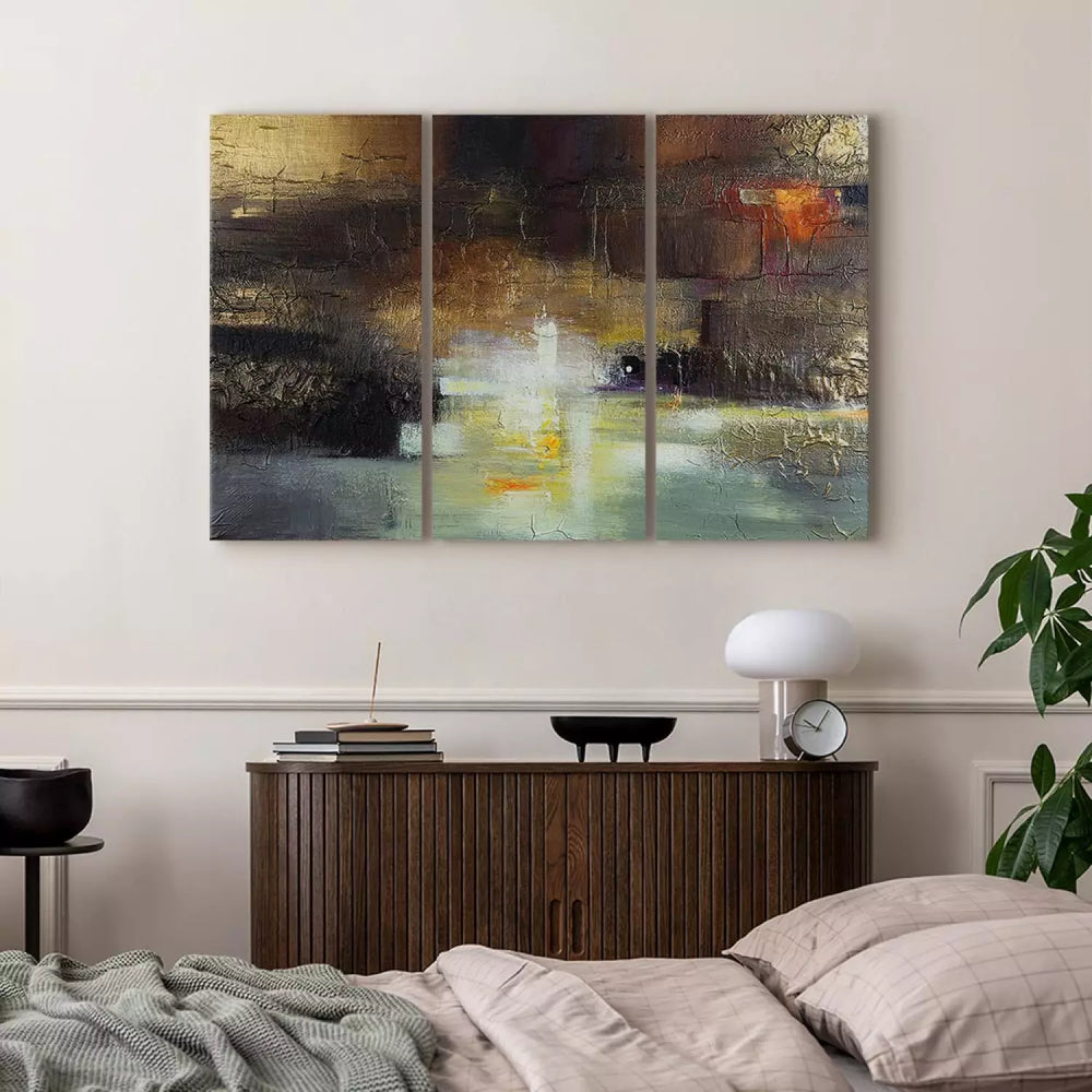 Kanva ar abstrakta rakstu ar pamatu zeltā krāsā - Greznuma elpa, (x 3) ART XL