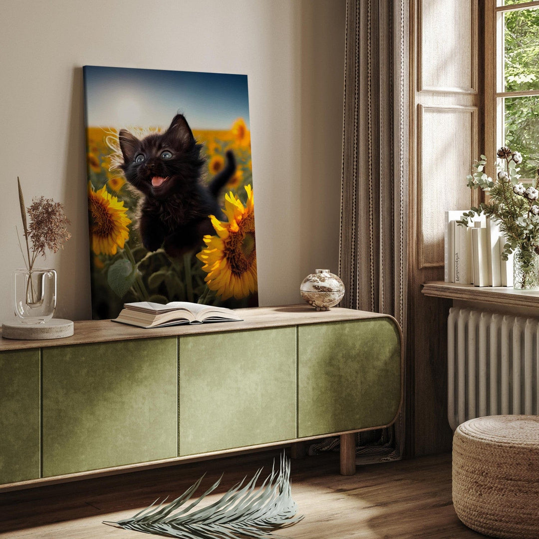 Glezna ar melno kaķi kas dejo saulespuķu laukā saules staros, 150122 G-ART