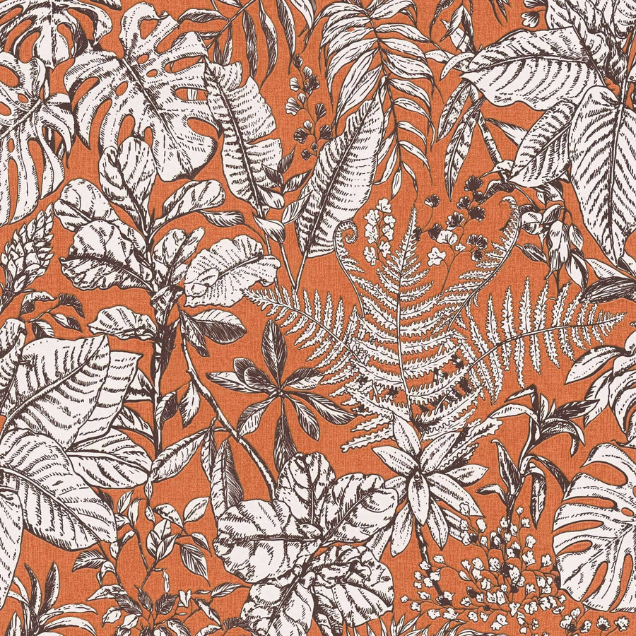 Džungļu tapetes oranžā krāsā, Monstera lapas un papardes  AS 375204 AS Creation