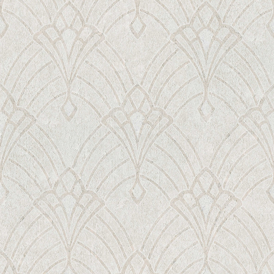 Art Deco tapetes ar ornamentu un ģipša izskatu bēšos toņos 380943 Tapetenshop.lv
