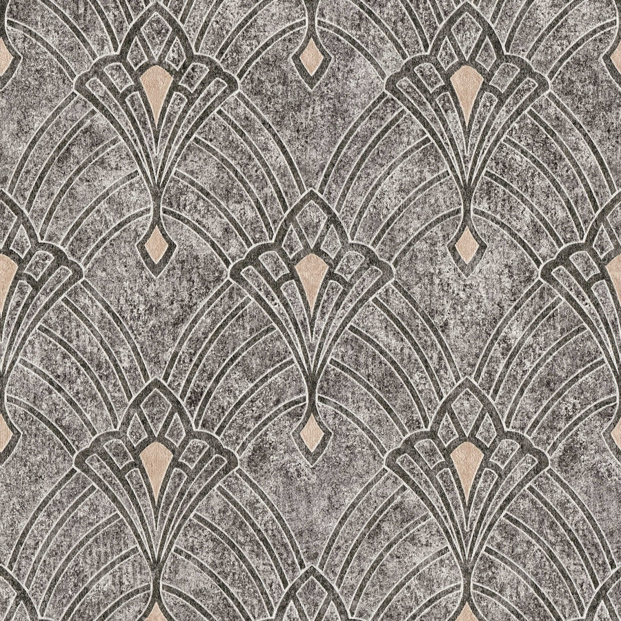 Art Deco tapetes ar ornamentu un ģipša izskatu melnā krāsā 380944 Tapetenshop.lv