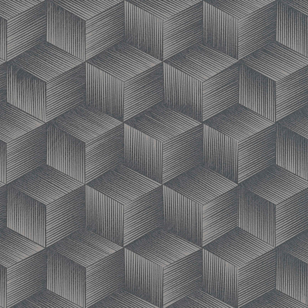 Ekoloģiskās tapetes ar 3D kvadrātveida rakstu: pelēkā, melnā, 385064 AS Creation