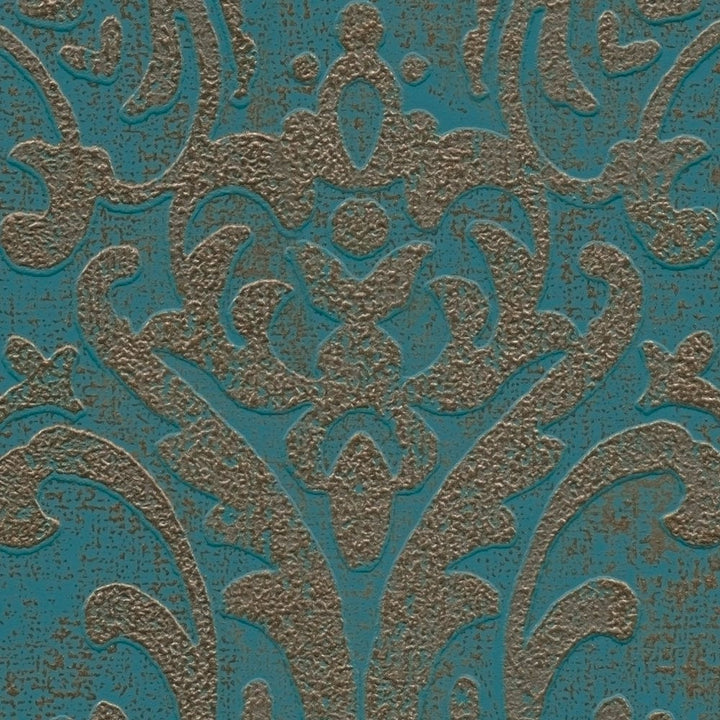 Tapetes ar baroka ornamentiem, tirkīzā un zeltā  krāsā - 1373724 AS Creation
