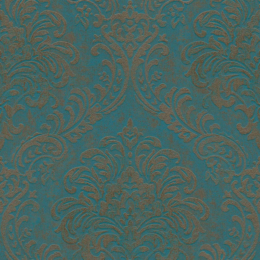 Tapetes ar baroka ornamentiem, tirkīzā un zeltā  krāsā - 1373724 AS Creation