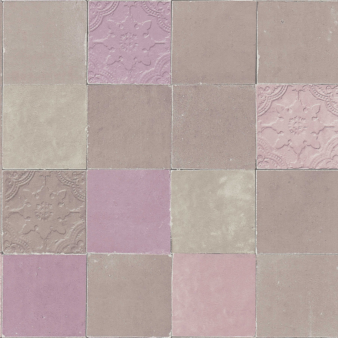 Tapetes ar dekoratīvām flīzēm, mozaīka – pelēka, violeta AS 374062 AS Creation