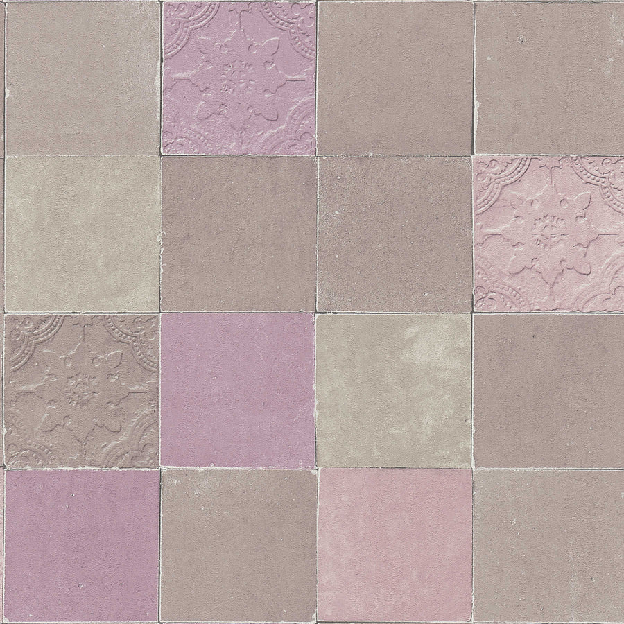 Tapetes ar dekoratīvām flīzēm, mozaīka – pelēka, violeta AS 374062 AS Creation