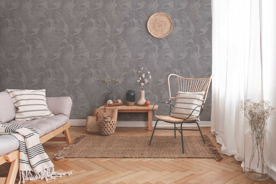 Tapetes ar linu izskatu, Boho džungļu motīvi - pelēka AS 373961 AS Creation