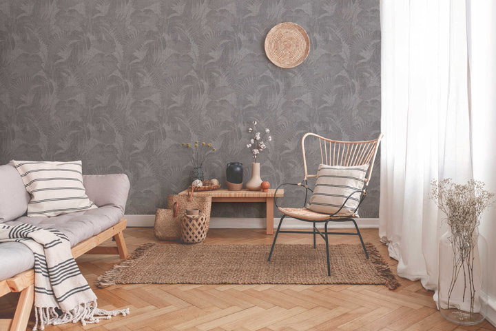 Tapetes ar linu izskatu, Boho džungļu motīvi - pelēka AS 373961 AS Creation