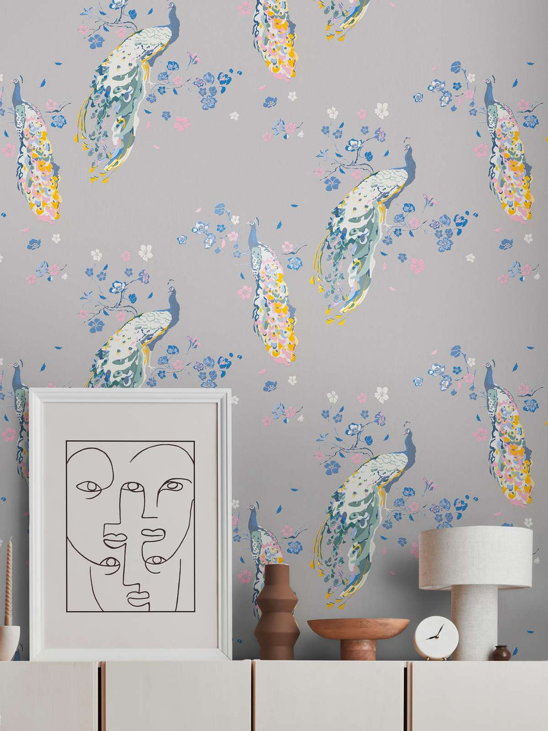 Tapetes ar pāviem, strukturētas un ar nelielu spīdumu, pelēkā, 389065 AS Creation