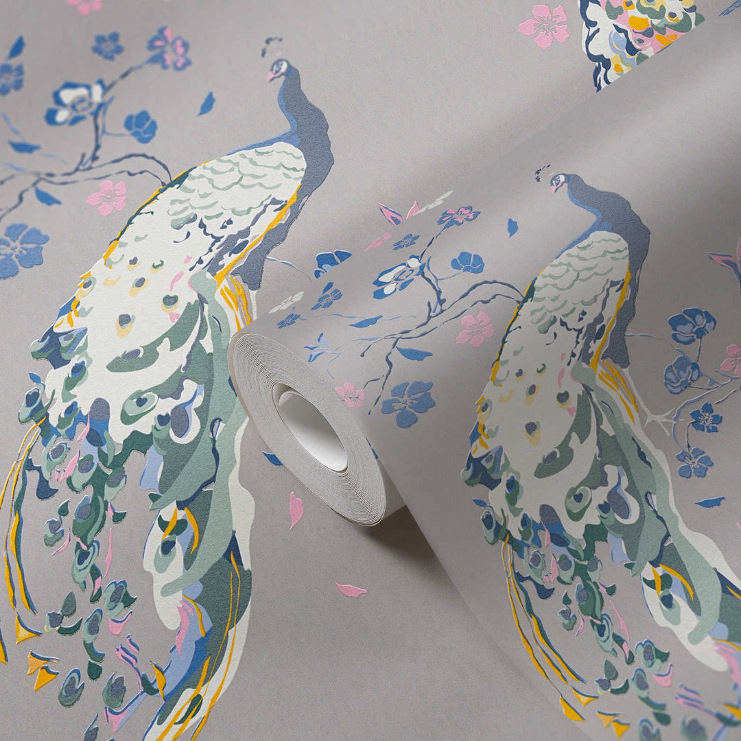 Tapetes ar pāviem, strukturētas un ar nelielu spīdumu, pelēkā, 389065 AS Creation