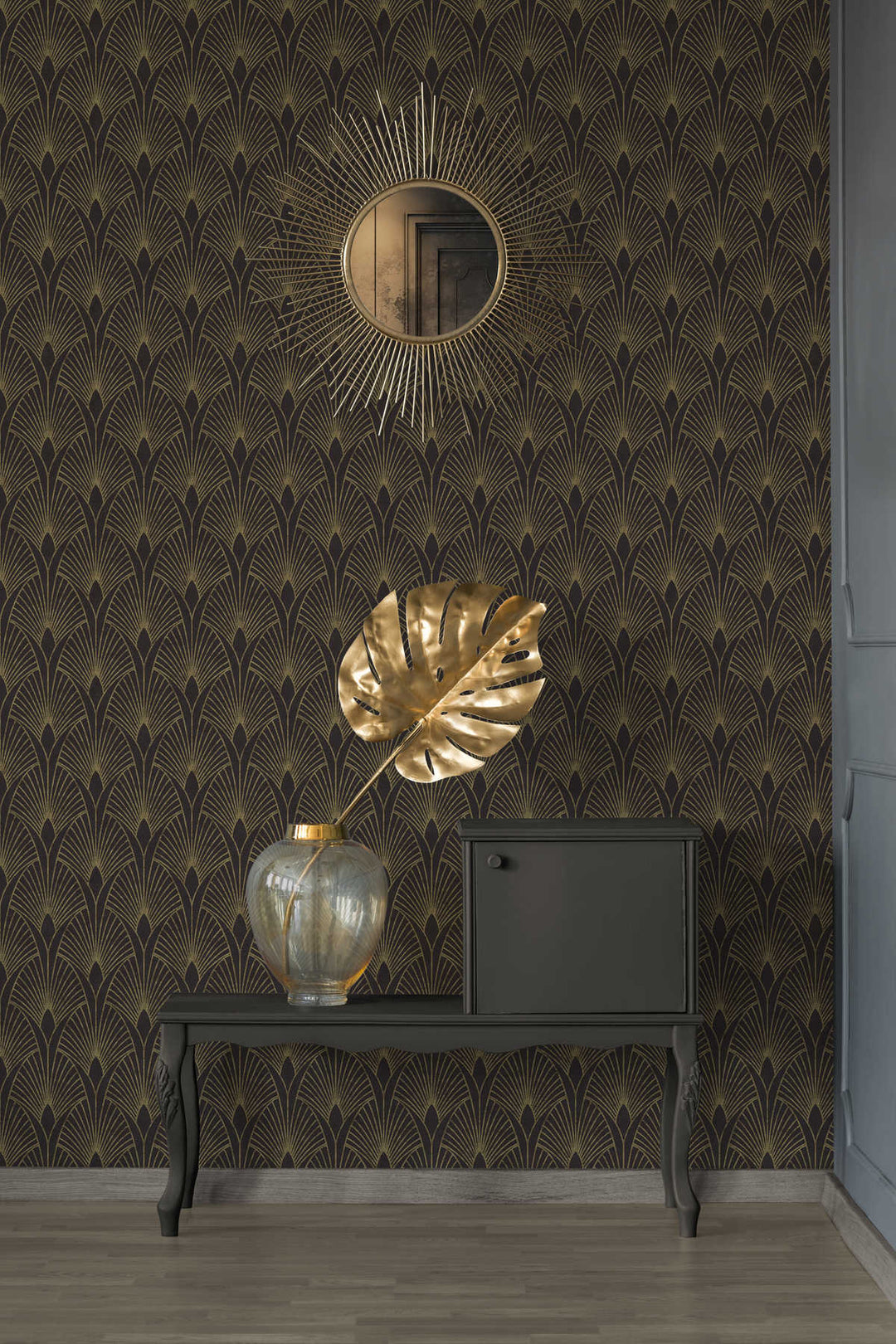 Art Deco tapetes ar zelta retro rakstu un fonu melnā krāsā AS 374273 AS Creation