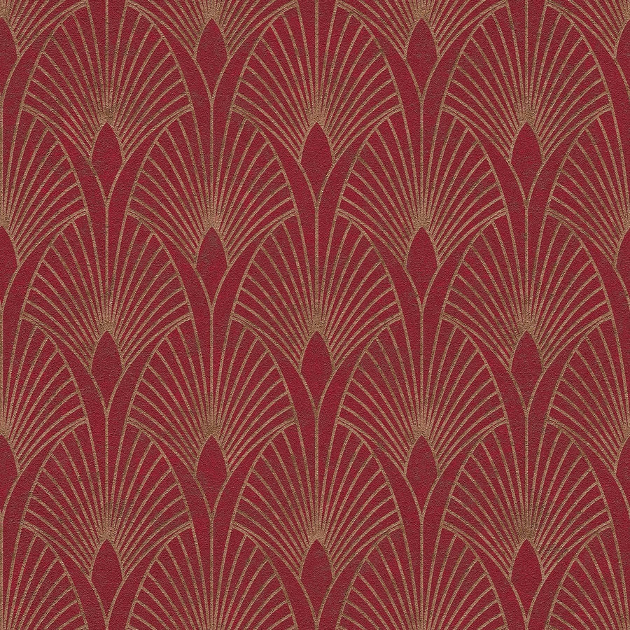 Art Deco tapetes ar zelta retro rakstu un fonu sarkanā krāsā AS 374274 AS Creation