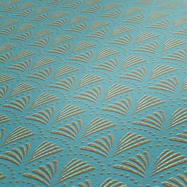 Tapetes tirkīzā krāsā ar zelta dekoru elegantā retro stilā, AS 379574 Tapetenshop.lv